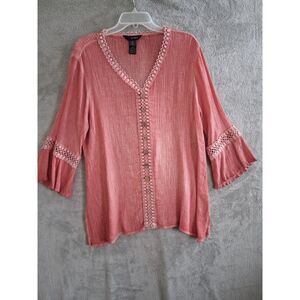 Ali Miles XL Top Crinkle VNeck Ruffle 3/4 Sleeve Coral Boho Peasant Flowy Artsy